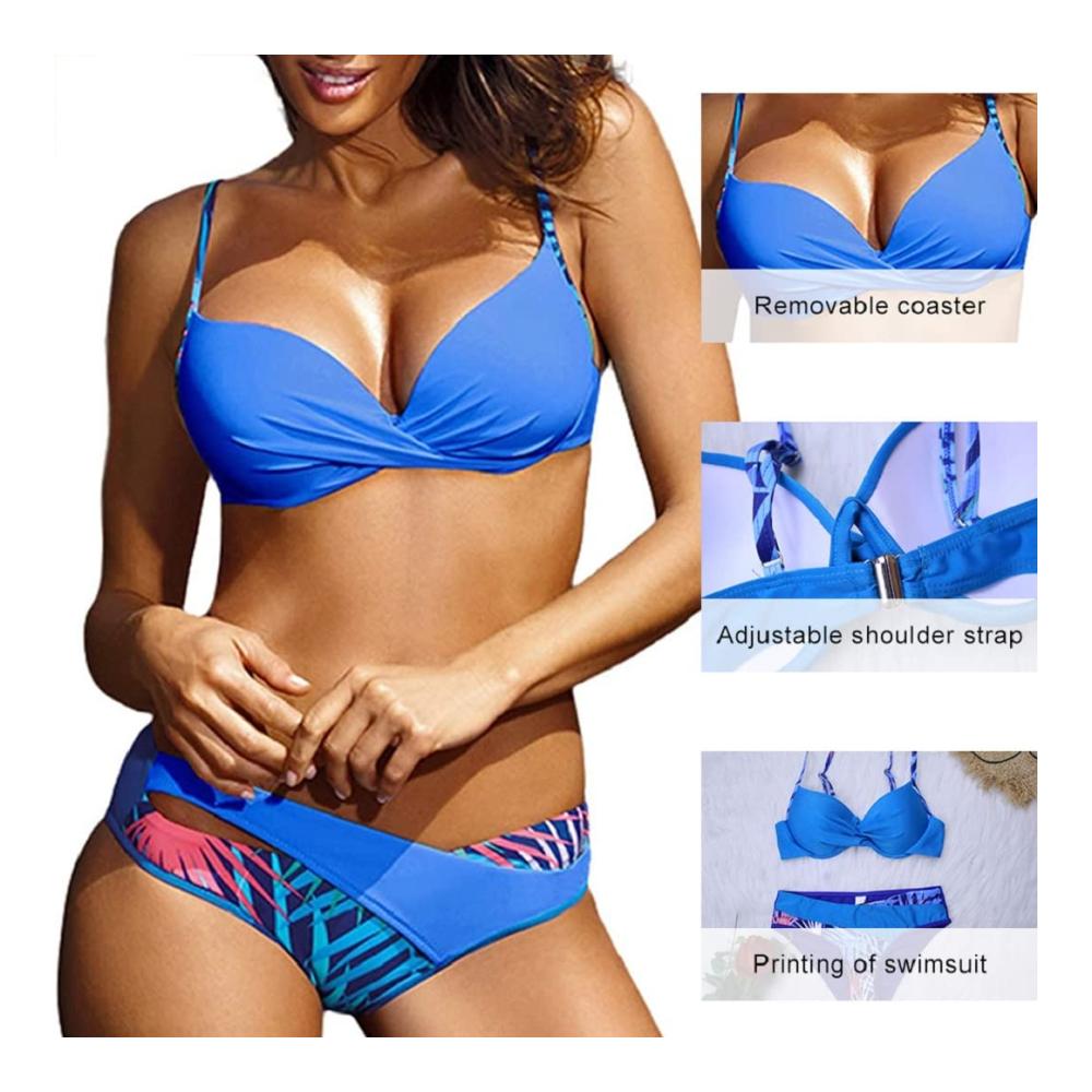 Damen Bikini Set Push Up V-Ausschnitt Oberteil Farbblock Neckholder Bikini mit Ties-up Niedrige Taille Bikinihose - Zweiteiliger Strandbikini von Joligiao Bademode