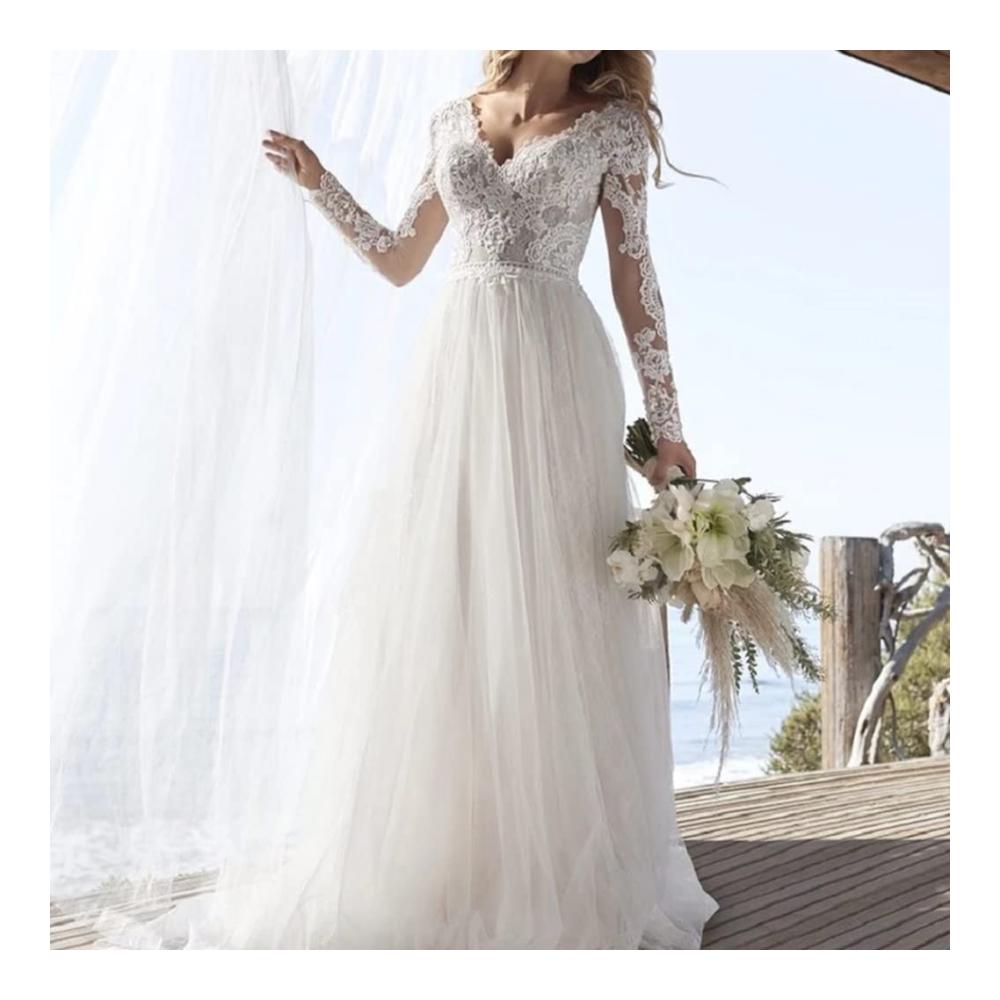 Romantic-Fashion Brautkleid - A-Linie Langarm Hochzeitskleid mit V-Ausschnitt und Rückenausschnitt - Weiß Größe 36