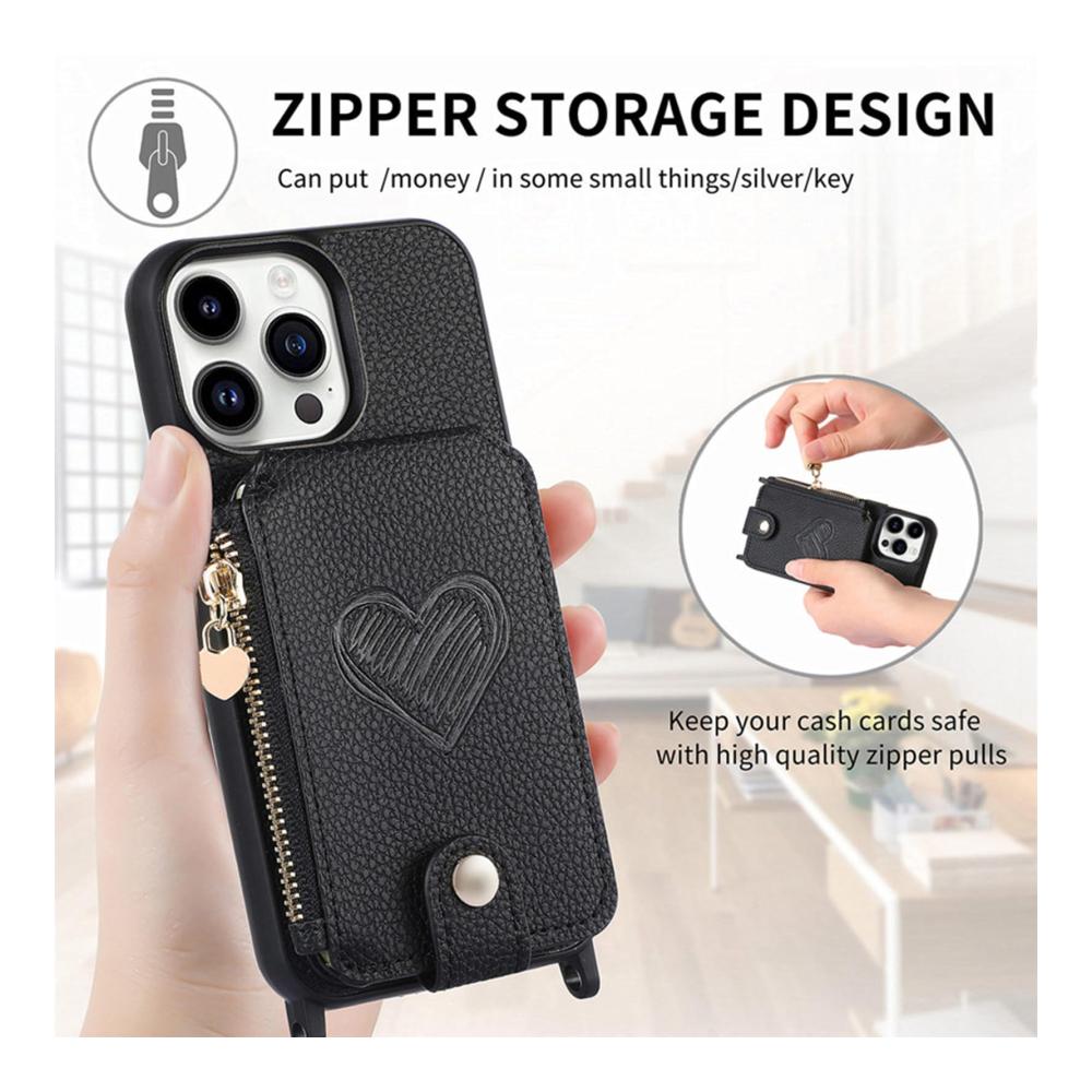 iPhone 15 Pro Max Geldbörsen-Hülle mit Band | Leder Handyhülle & Geldbörse Schwarz | Schlankes Design für 15 Plus/15 Pro | 15ProMax Tasche