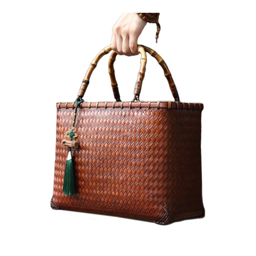 Bambus Henkeltasche im Chinesischen Stil – Handgewebte Korbtasche mit Quaste Rustikale Geldbörse für Sommer/Frühling/Herbst Urlaub – Tragetasche in 29.5x13.5x22.5 cm Größe