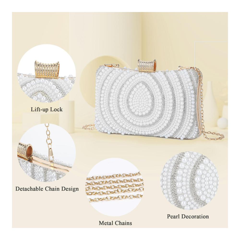 Damen Clutch Elegante Abendhandtasche mit Diamant- und Perlen-Finishs 2 Ketten – Ideal für Neujahrsball Hochzeit und Party