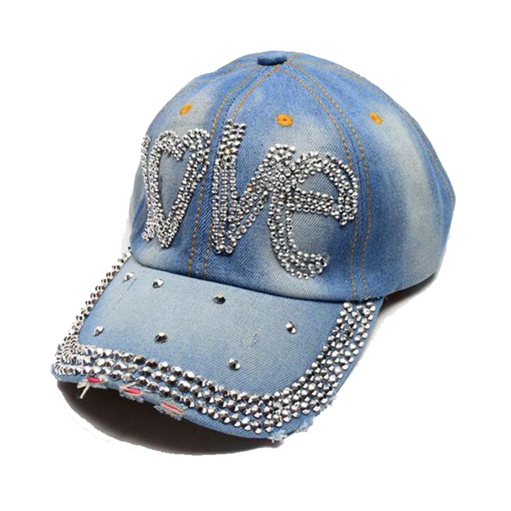Damen Jeans Baseball Cap mit Strass-Schriftzug | Glitzernde Hip-Hop Mütze