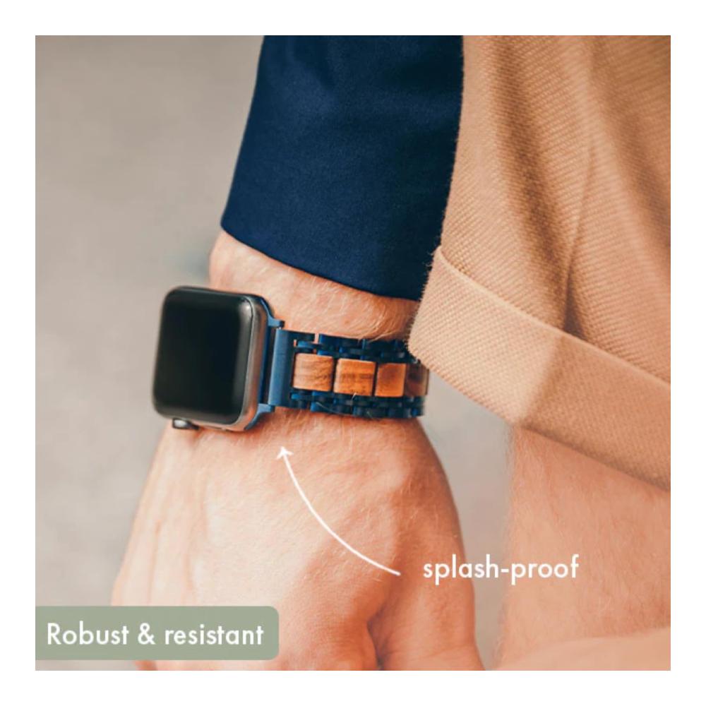 Natürliches Walnuss-Edelstahl-Armband für Apple Watch | Ersatzarmband Holz Blau | Kompatibel mit Serie 8 7 6 5 4 3 2 1 | 42mm 44mm 45mm | Hochwertiges Metallarmband Ultra & SE