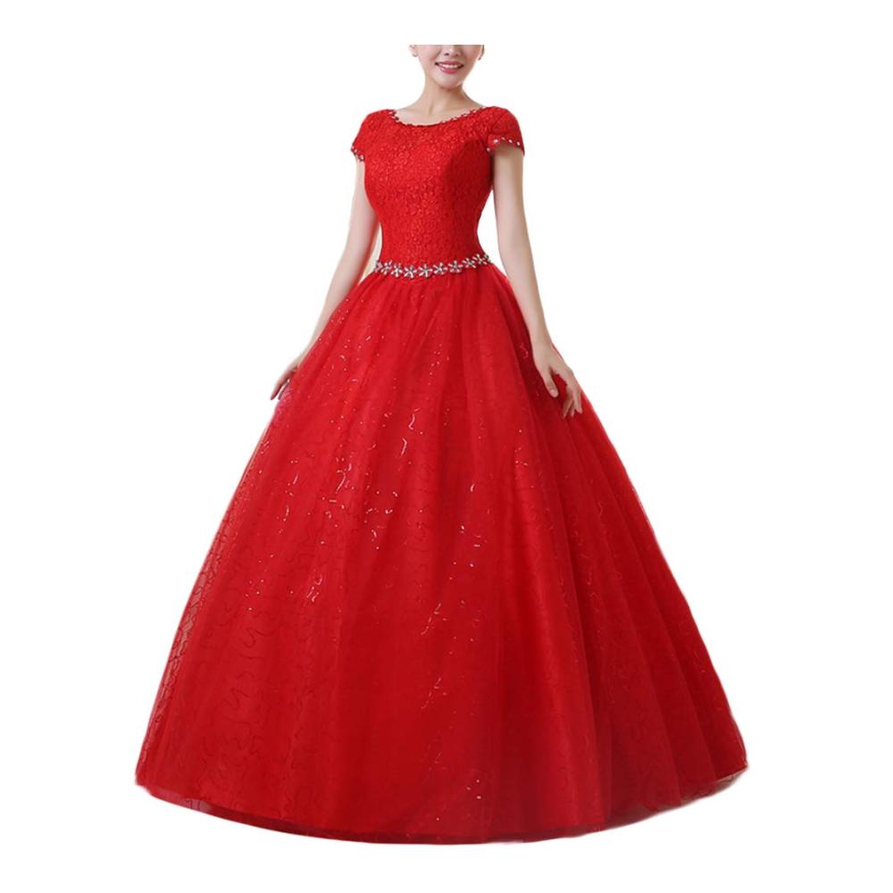 Abendkleider Damen Romantisches Brautkleid mit Rundhalsausschnitt Kurzarm und eleganter Spitze