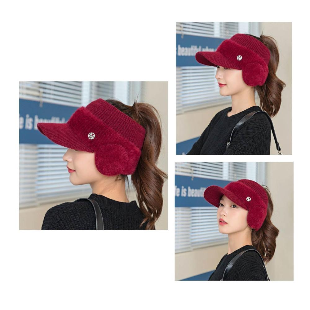 Damen Winter Strickmütze mit Ohrenschutz Fleece-Innenfutter Pferdeschwanzöffnung und Ohrenklappen - Warme Baseballmütze für den Winter