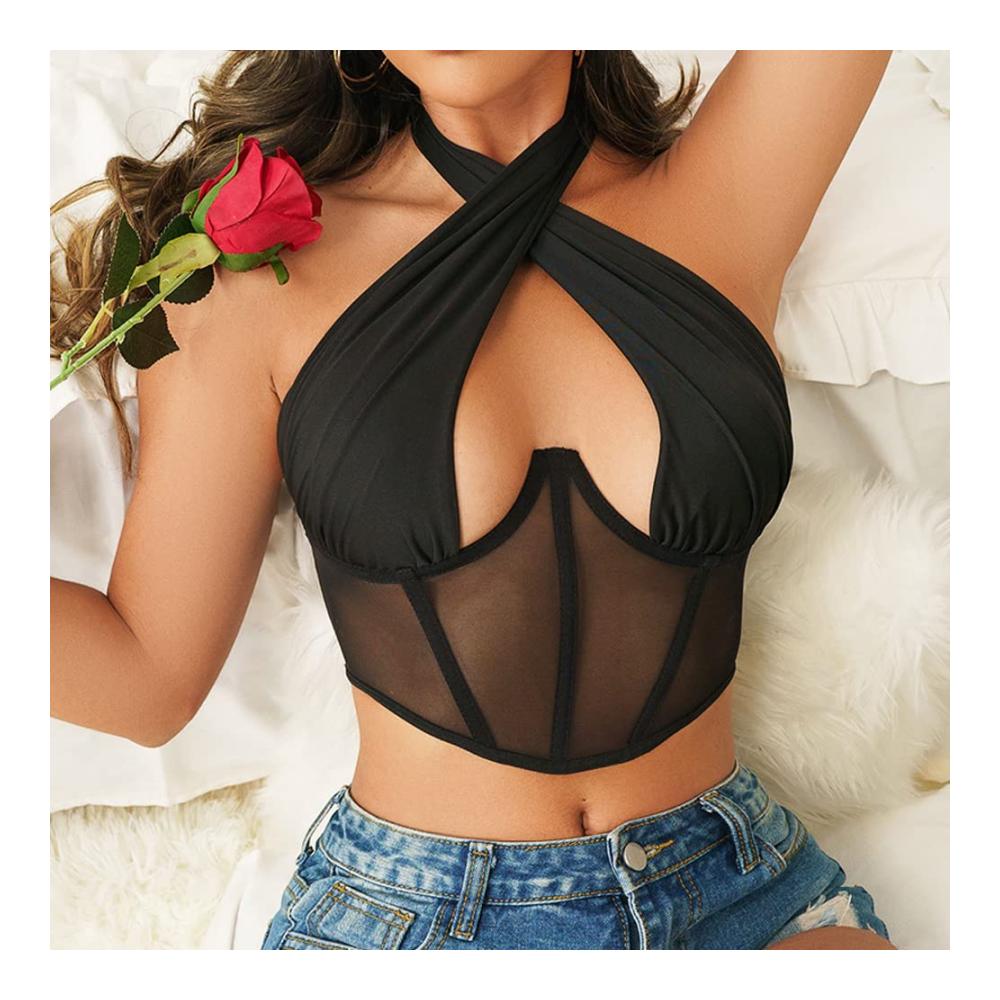 Criss Cross Damen Tanktops - Sexy Y2k Crop Tops mit Neckholder Cut Out Ärmellos Design Rückenfreies Corset Top für Sommer – Einfarbiges Casual Vest Blusentop