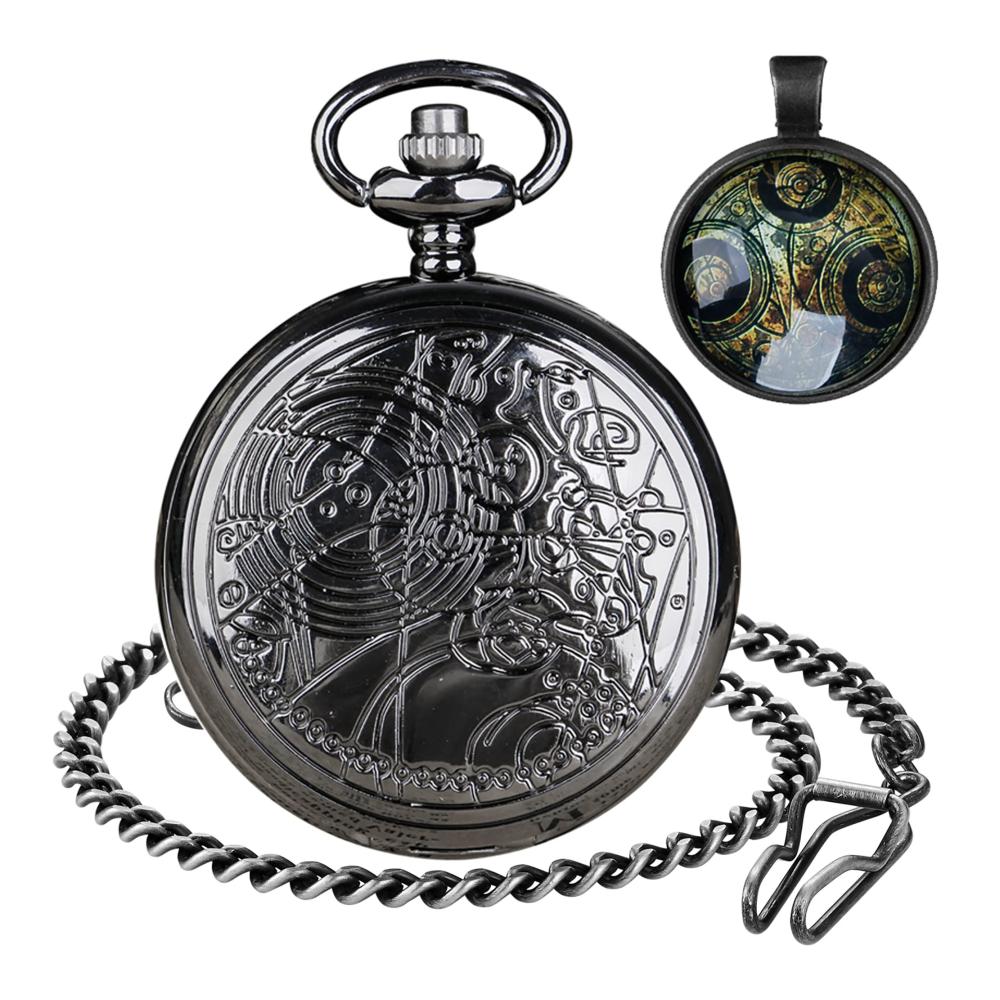 Doctor Who Taschenuhr Bronze Vintage Design Schwarzes Gehäuse Quarz-Uhrwerk Römische Ziffern Herren Halskette Anhänger mit Kette