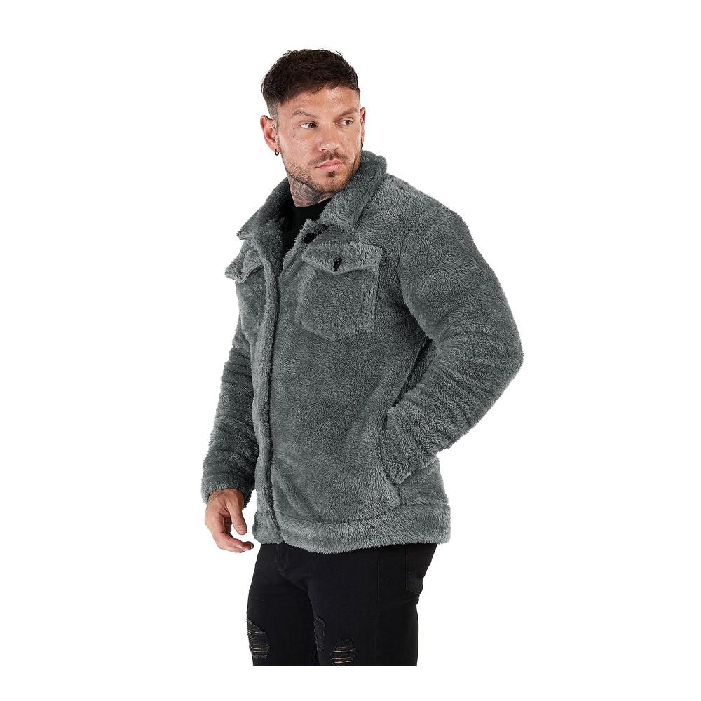 Sherpa Herrenjacke - Winterwarm Fuzzy Plüschmantel mit Knopftaschen