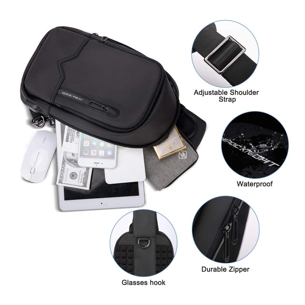 HEROIC KNIGHT Herren Schultertasche - Wasserdichte Brusttasche mit USB-Ladenanschluss für Reise Freizeit und Business in Schwarz