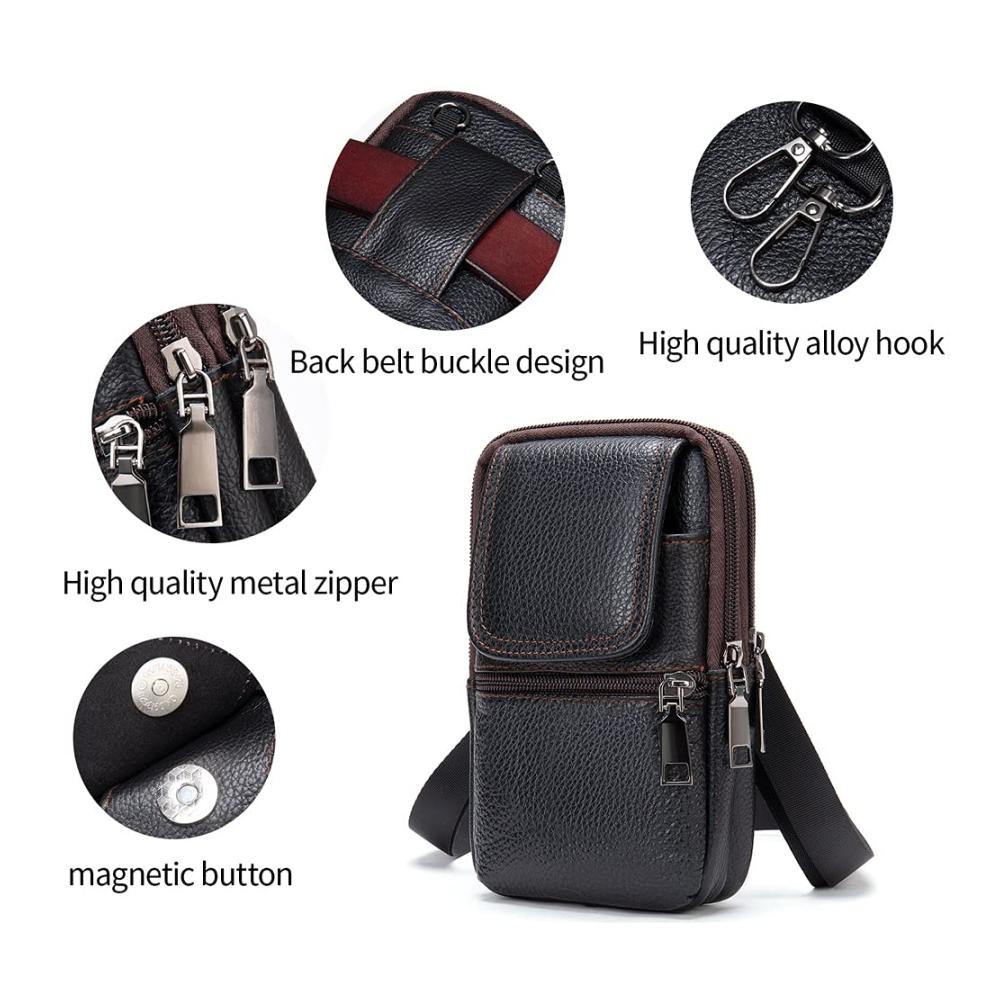 Herren Leder Hüfttasche mit Handyfach Multifunktionale Vertikale Schultertasche für Outdoor Gürteltasche mit Karabiner - Ideal für Handy Geldbörse & mehr