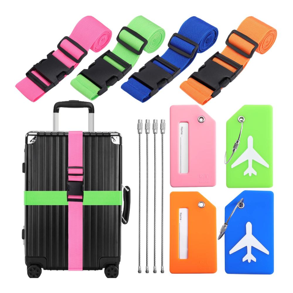 Gepäck-Set 4 Einstellbare Koffer- & Taschenanhänger mit Silikon Adressschild | Sicher Reisen mit Koffergurt Gepäckband & -anhänger | Mehrfarbige Kofferbänder & Gurt für einfaches Identifizieren