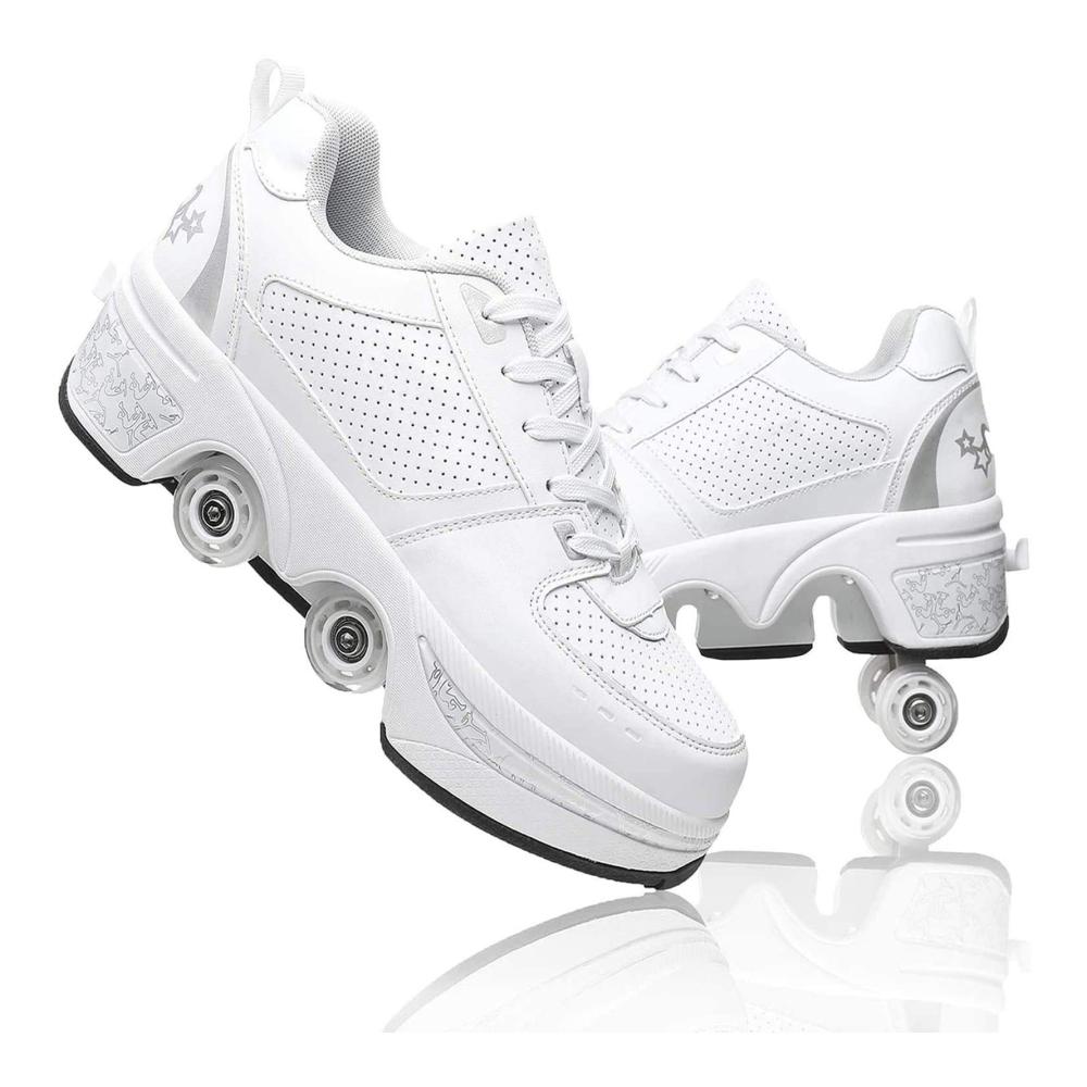 Verstellbare Quad-Rollschuh-Stiefel - Outdoor Fitnessschuhe mit Rollen 2-in-1 Mehrzweckschuhe für Skateboard Männlich und Weiblich Weiß - Größe EUR 41