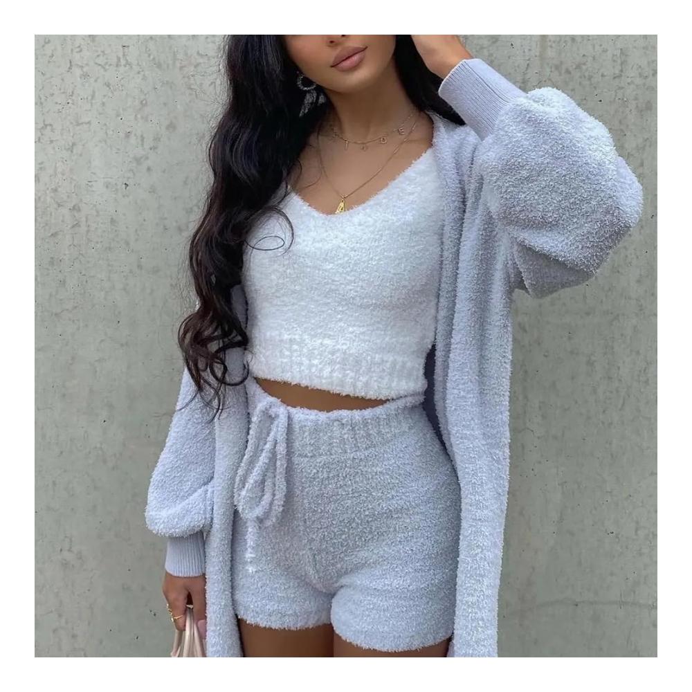 Sexy Fuzzy 3-Piece Womens Outfit Cozy Fleece Coat Stylish Jacket Spaghetti Strap Crop Top and Shorts Set