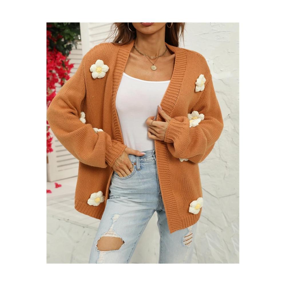 Blumen-Laternenärmel Strickjacke Lockere Häkelpullover für Damen Herbst-Winter-Mode