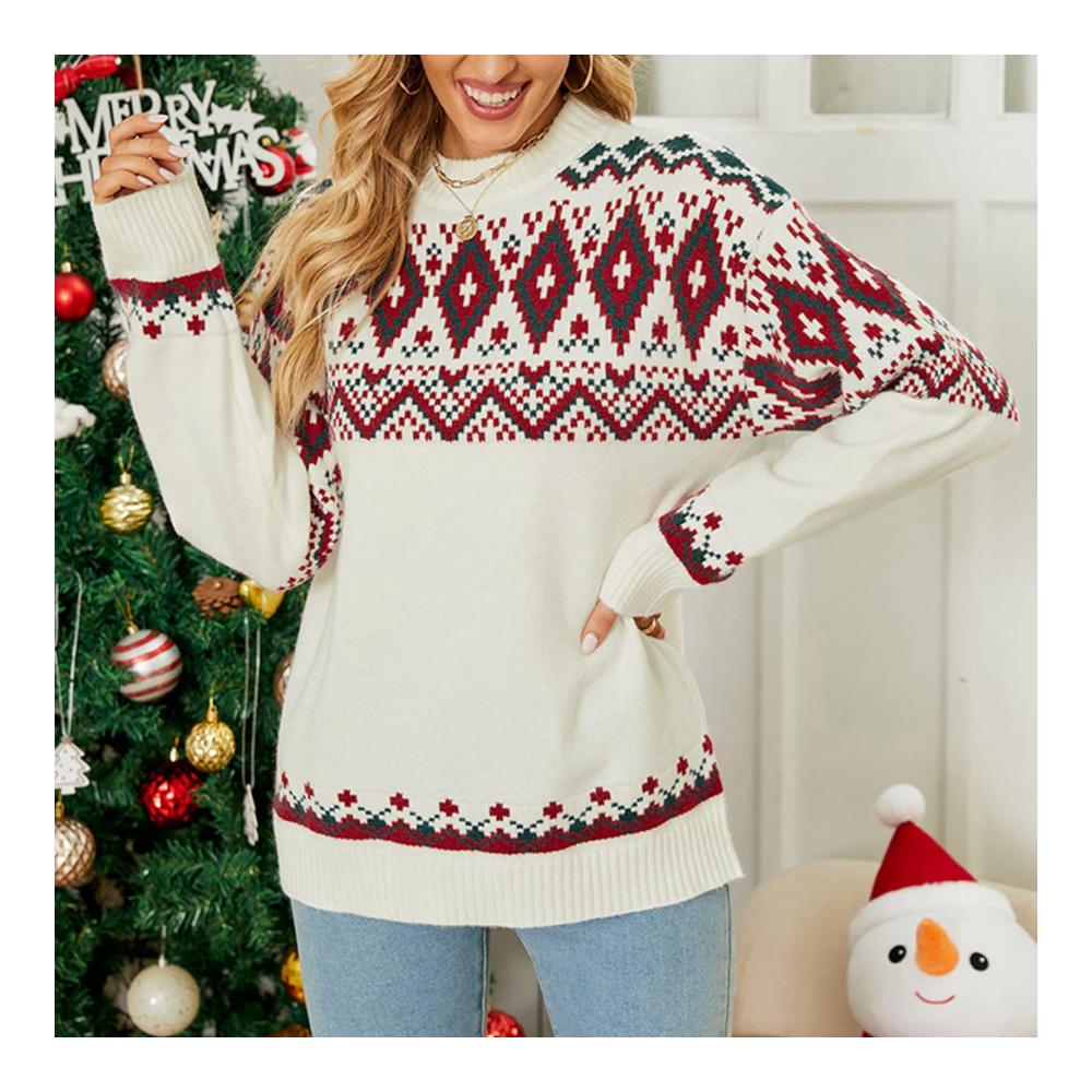 Damen Weihnachtspullover Langarm Winterkleid mit Rundhalsausschnitt lässiger Sweater in Weihnachtsdesign Knielanges Colorblock-Strickkleid für Damen