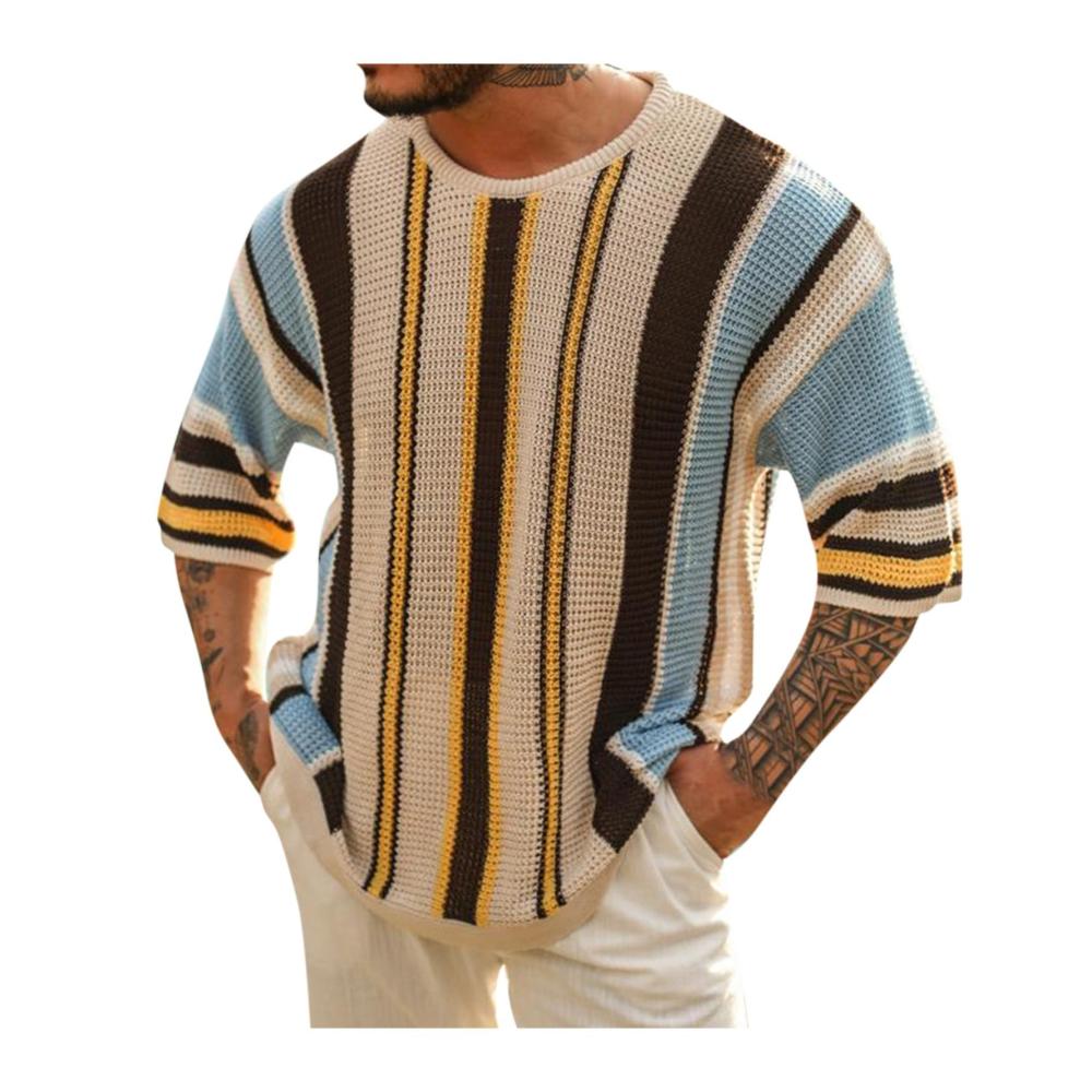 Herren Strickpullover mit 3/4 Ärmeln Rundhals und Streifenmuster für den Herbst/Winter - Leichter Casual Pullover atmungsaktives Sportshirt und funktionelles Arbeits-T-Shirt