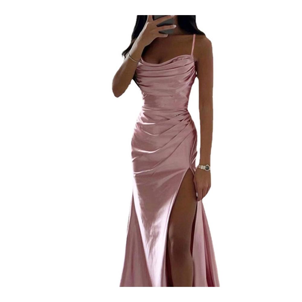 Satin Abendkleid mit V-Ausschnitt Schlitz und Tasche - Elegantes langes Formales Kleid für besondere Anlässe