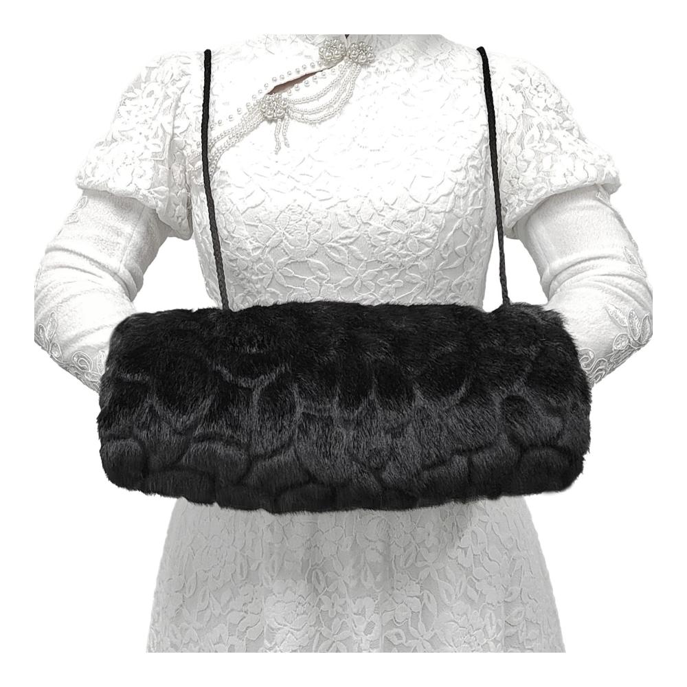 Schwarzer Kunstpelz Handmuff mit Gurttasche - Praktischer Handwärmer für Frauen Männer und Kinder - 1Stück Armwärmer & Muffs inkl. Transparentem Haken