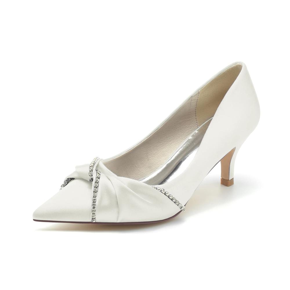 Elfenbein Brautschuhe Damen Satin Pumps mit Spitze Geschlossene Zehe Kitten Heel - Hochzeitsschuhe 6cm Absatz