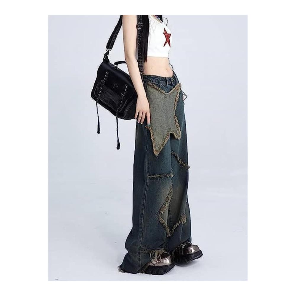 Y2k Vintage Star Straight Wide Leg Jeans | High Waist Baggy Denim Pants