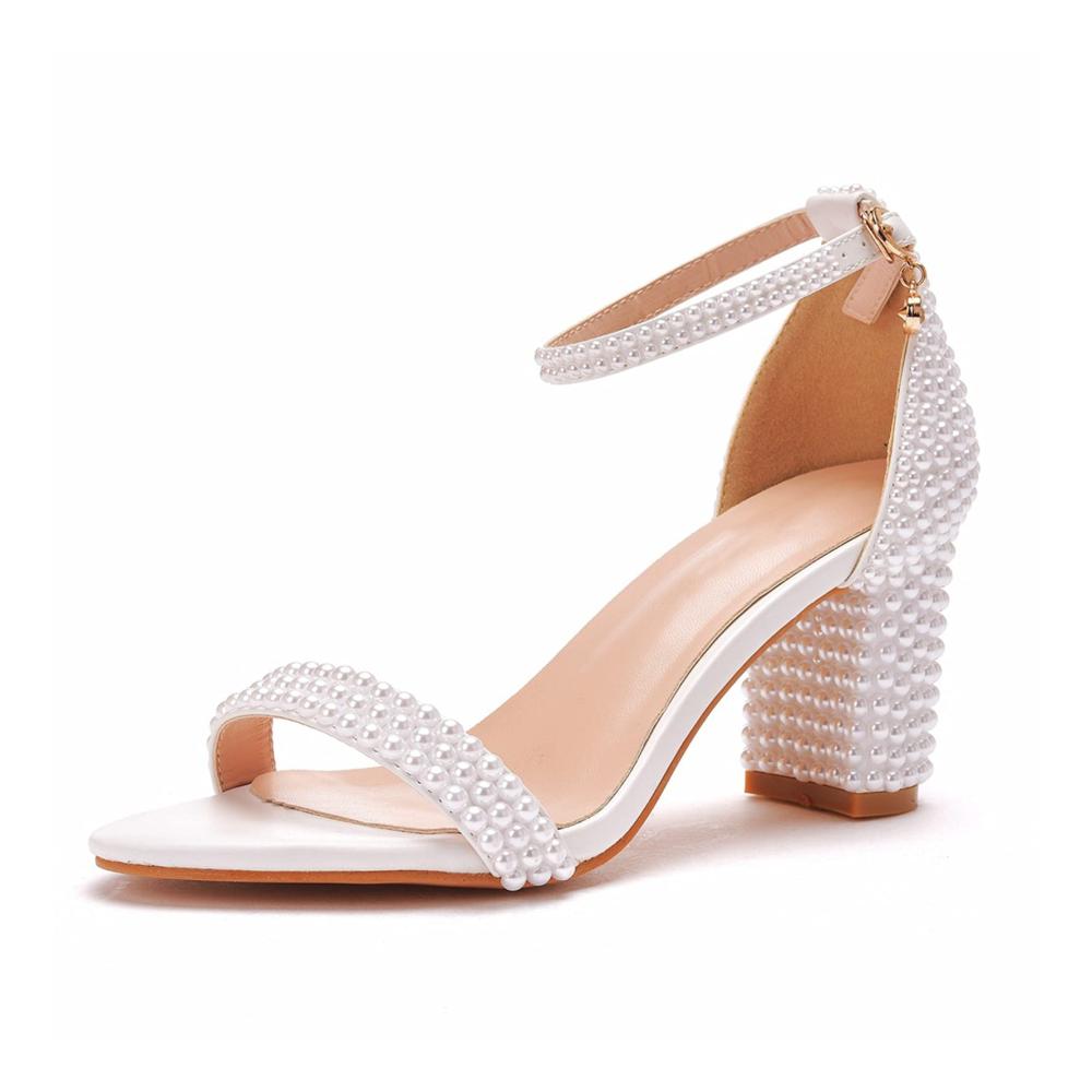 Brautschuhe Damen Elegante Perlen-Sandalen mit Blockabsatz für Abend und Hochzeit