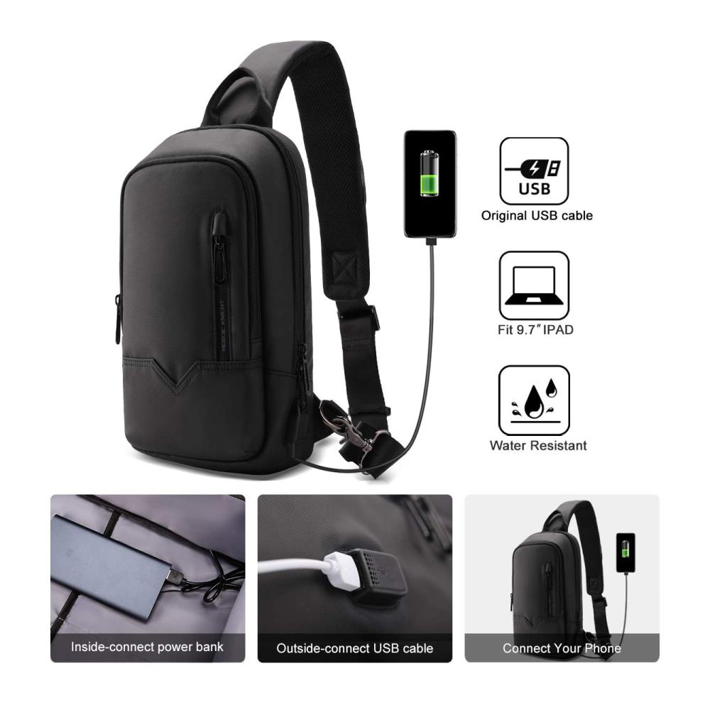 HEROIC KNIGHT Herren Schultertasche - Wasserdichte Brusttasche mit USB-Ladenanschluss für Reise Freizeit und Business in Schwarz
