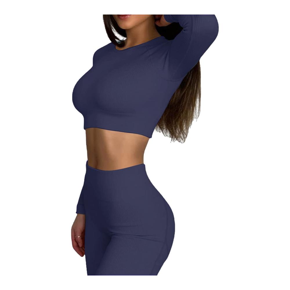 Yoga Leggings Set Geripptes Langarm Crop Top & Hohe Taille Workout Outfit für Frauen