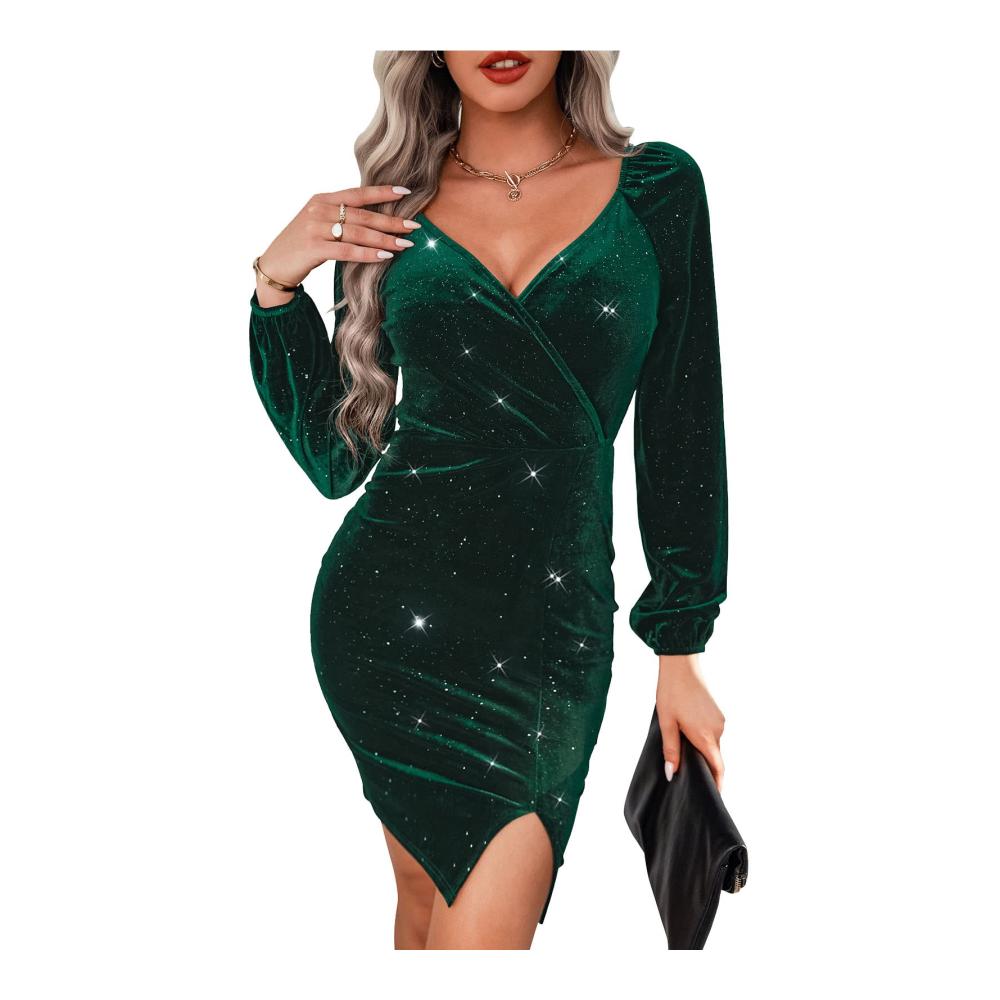 Party Ejoyous Damen Wickelkleid - Elegantes Langarm-Samtkleid mit V-Ausschnitt funkelndem Glitzer modischem Split-Saum und gerüschtem Design. Perfektes Cocktailkleid für Party Club und Urlaub