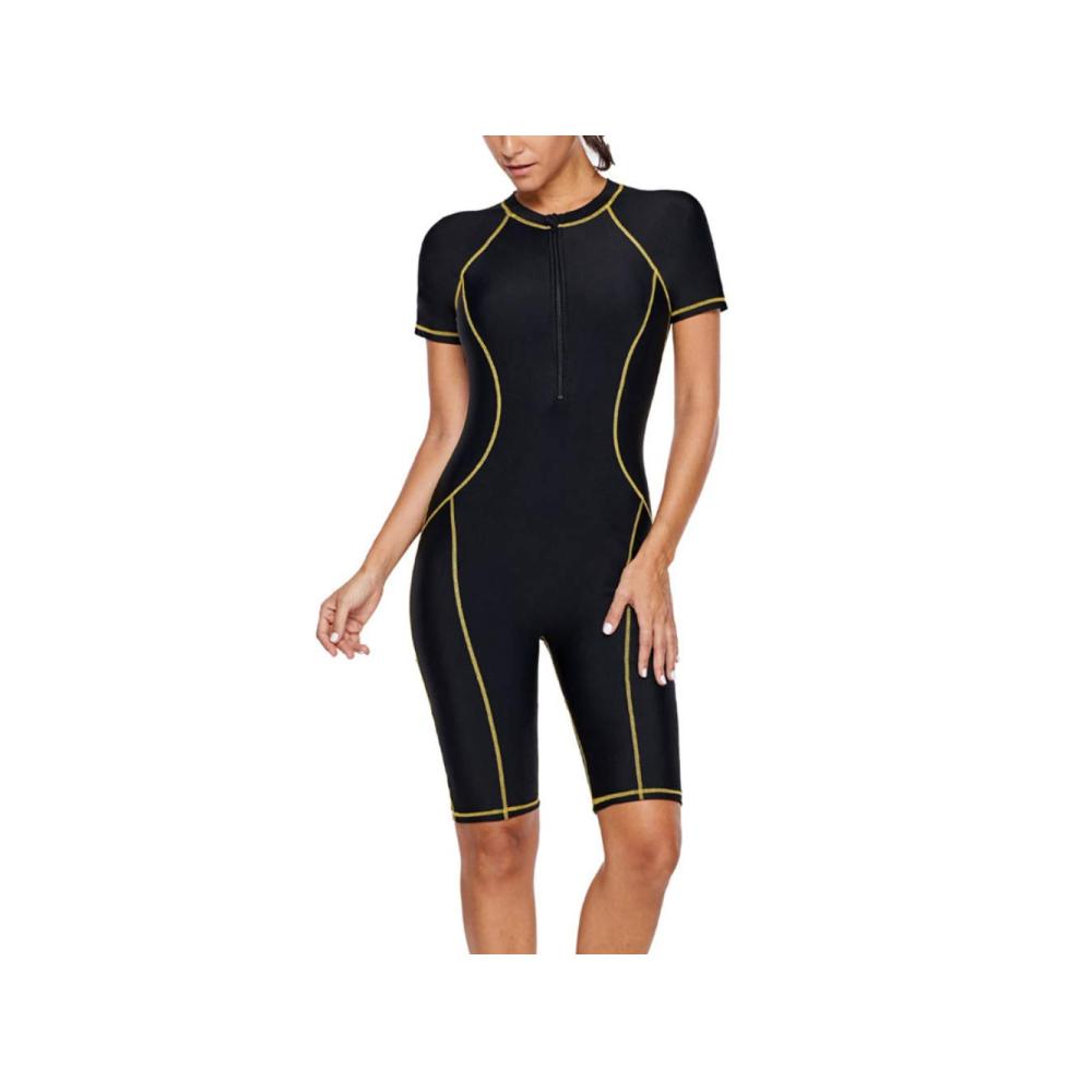 Badeanzug Damen Neoprenanzug Einteiler mit Kurzarm und Frontreißverschluss Konturiert für stilvolles Schwimmen