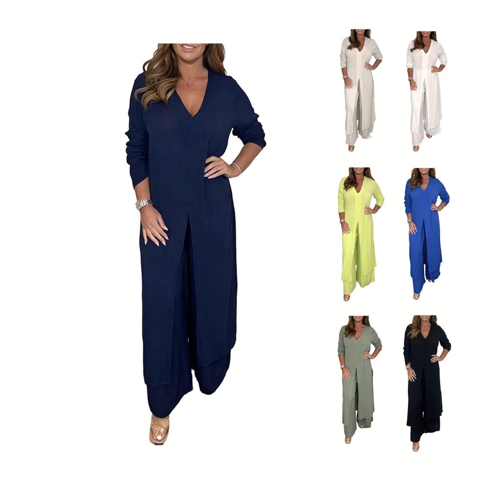 Sommerlicher Hosenanzug Zweiteiliges Set mit langem Oberteil und passender Hose V-Ausschnitt seitlichem Schlitz Bluse mit langen Ärmeln und weitem Hosenbein aus weichem bequemem Stoff