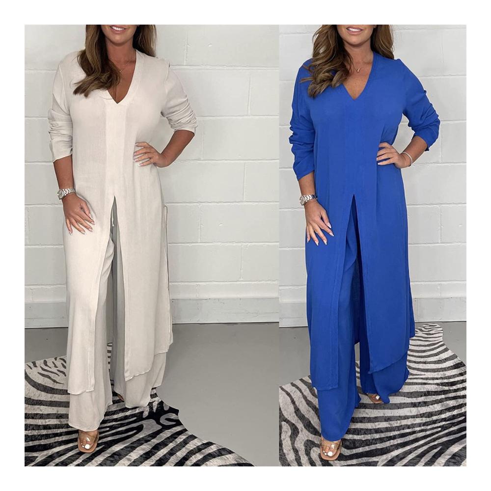 Sommerlicher Hosenanzug Zweiteiliges Set mit langem Oberteil und passender Hose V-Ausschnitt seitlichem Schlitz Bluse mit langen Ärmeln und weitem Hosenbein aus weichem bequemem Stoff