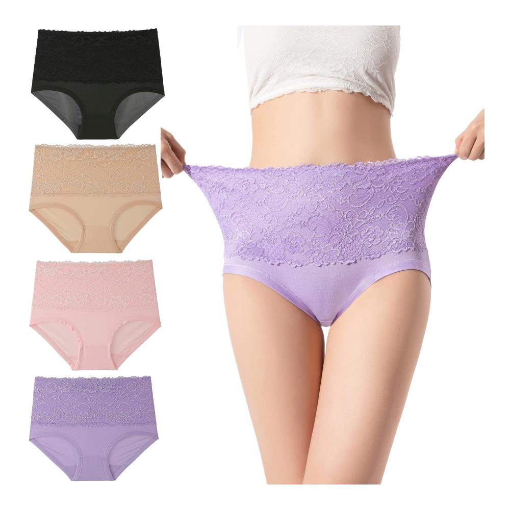 Damen Unterwäsche Set Hochwertige Baumwolle Hohe Taille Spitze - 4er Pack Taillenslips & Bikinis von Bysion für Frauen
