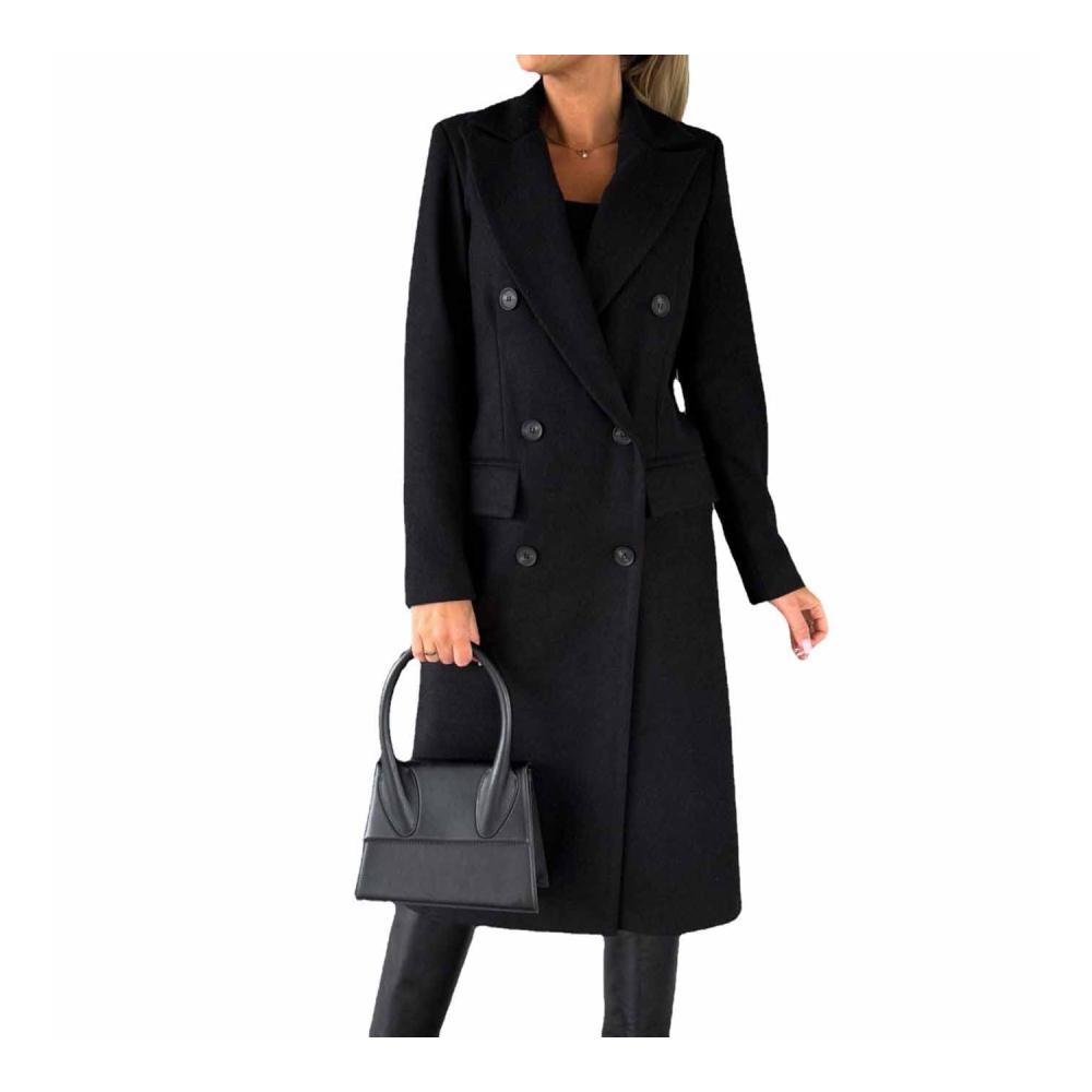 Damen Wollmantel mit doppelreihigen Knöpfen | Langärmliger Trenchcoat winddicht und schmal geschnitten mit klassischem Revers