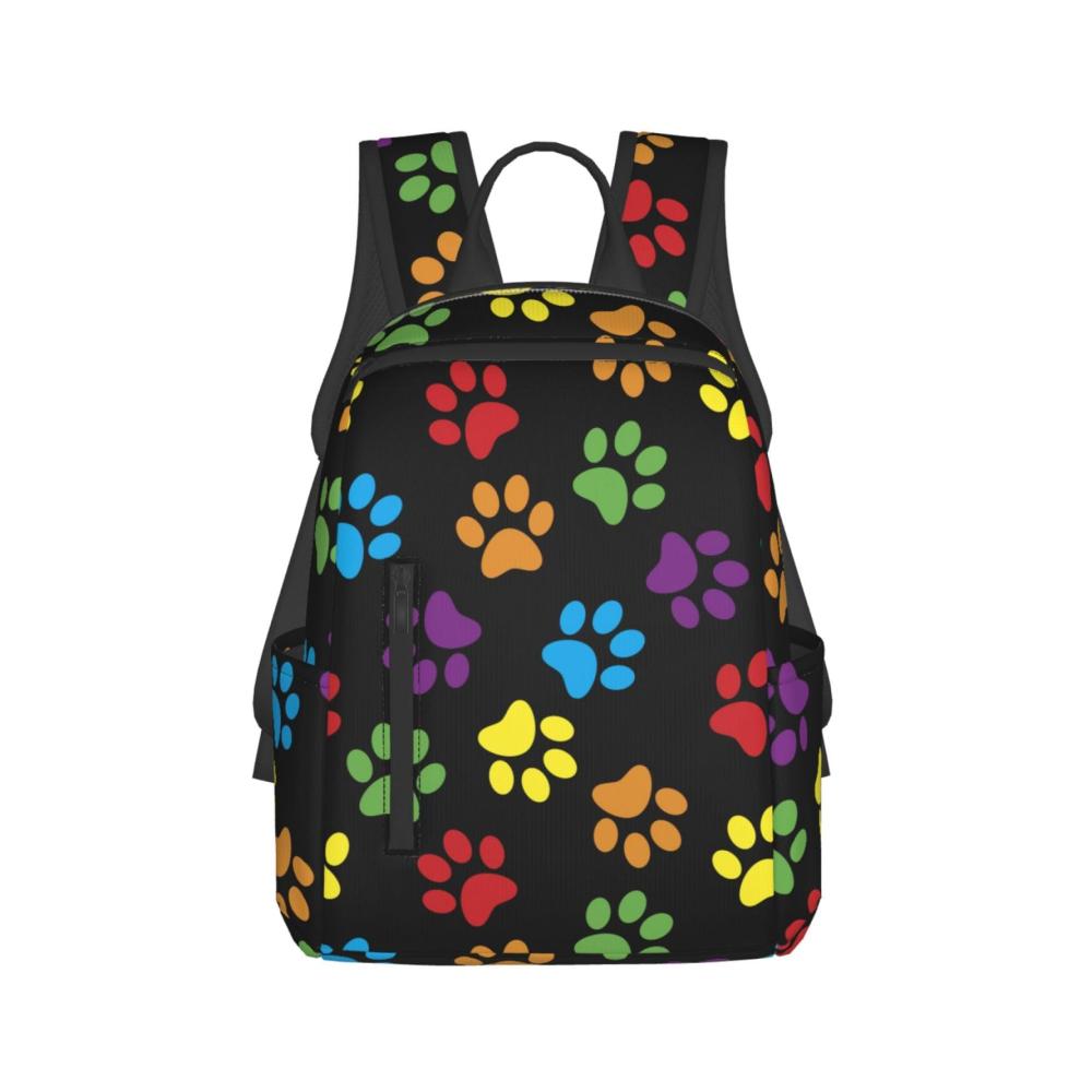 Bunter Doodle Hund Pfoten Tagesrucksack mit Verstellbaren Riemen und Flaschenhalter - Leichte Tasche für Reisen