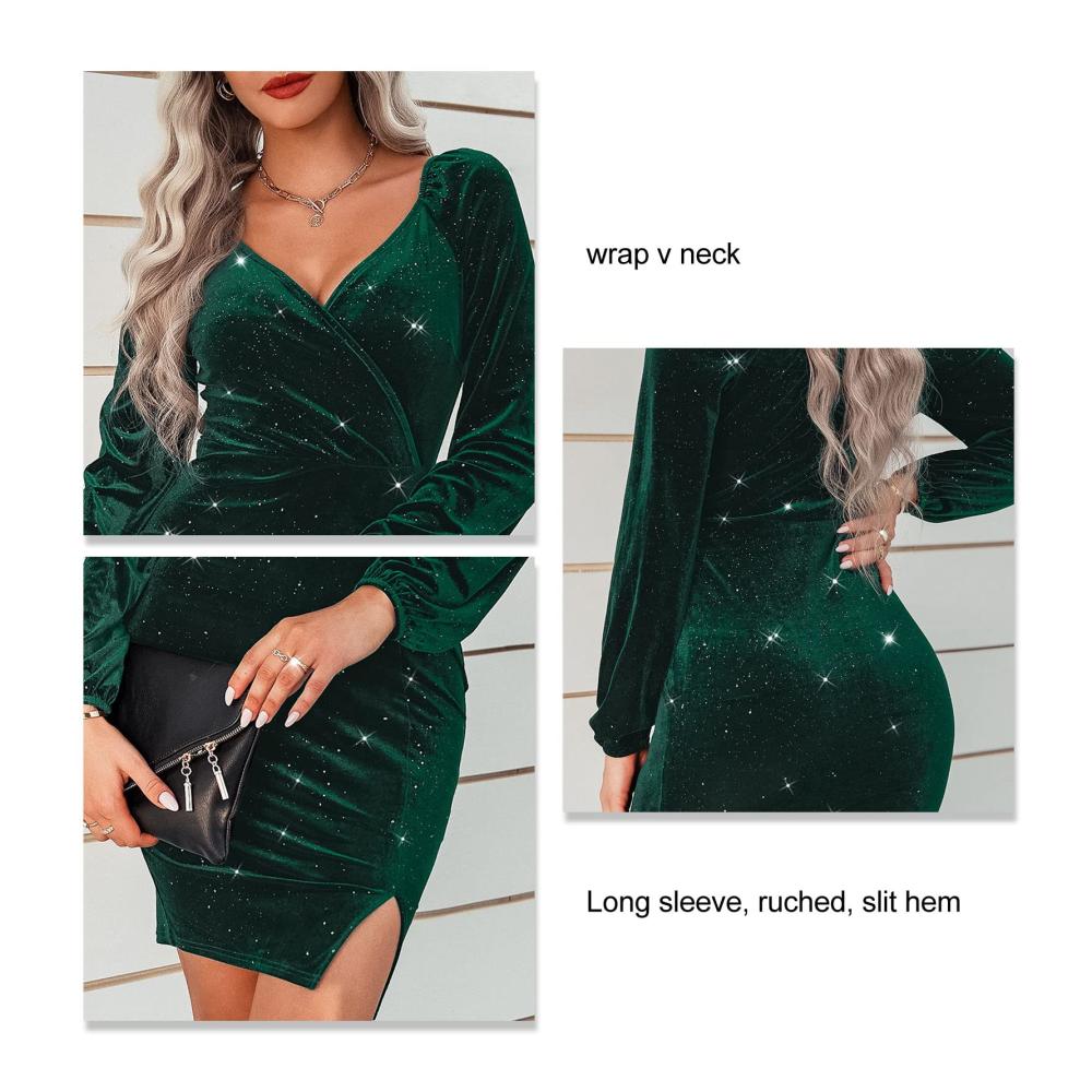 Party Ejoyous Damen Wickelkleid - Elegantes Langarm-Samtkleid mit V-Ausschnitt funkelndem Glitzer modischem Split-Saum und gerüschtem Design. Perfektes Cocktailkleid für Party Club und Urlaub