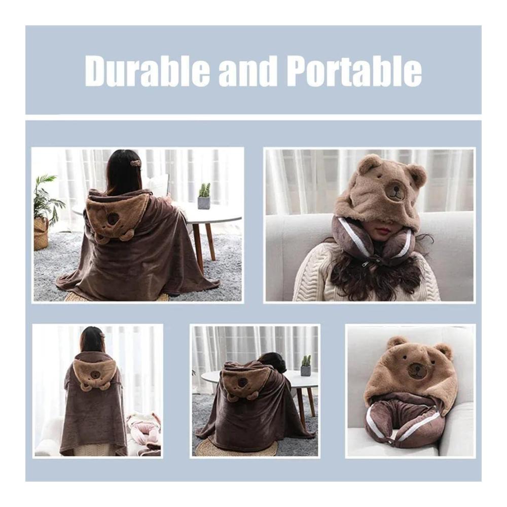 2in1 Reisekissen mit Decke - Weiches Fleece Ideal für Langflüge im Auto und Flugzeug - Großes warmes und platzsparendes Essentials Folda Hut