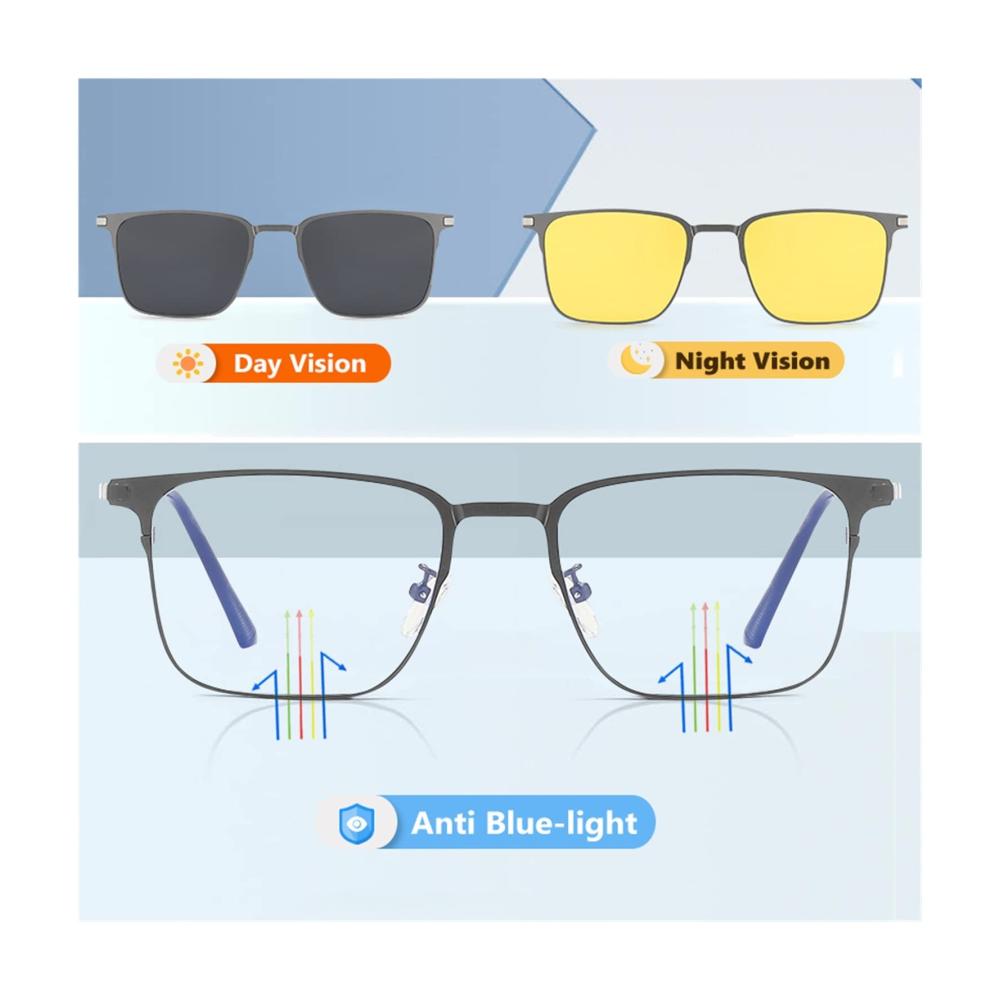 Magnetischer 3-in-1 Sonnenbrillenclip für Brillen - Polarisierte Nachtsicht-Clipbrille mit Metallrahmen für Männer und Frauen (Farbe Gun Frame