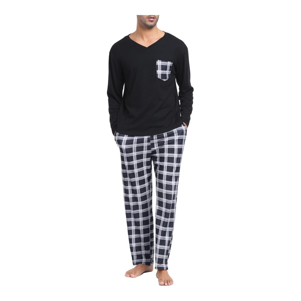 Winterlicher Herrenschlafanzug Langarm Baumwoll-Pyjama-Set mit Karo-Muster Taschen und Shirt-Hose-Kombination von Lovasy