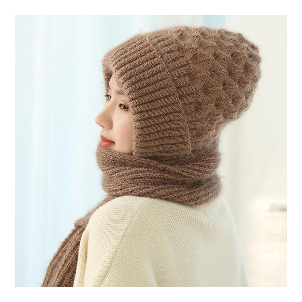 Kapuzenschal Set für Damen Verdickter Winter-Schal Mütze & Handschuhe - Winddicht & Warm in Khaki Einheitsgröße