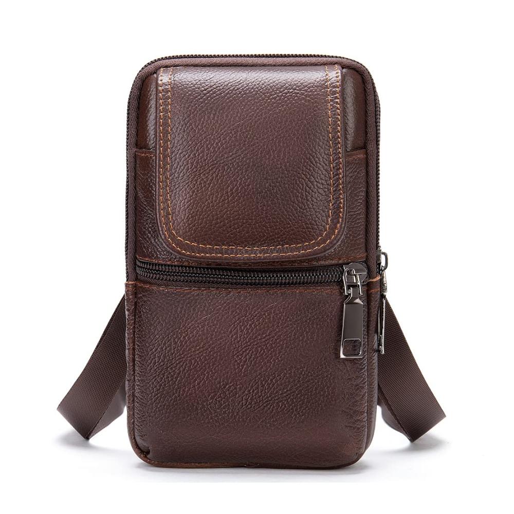 Herren Leder Hüfttasche mit Handyfach Multifunktionale Vertikale Schultertasche für Outdoor Gürteltasche mit Karabiner - Ideal für Handy Geldbörse & mehr