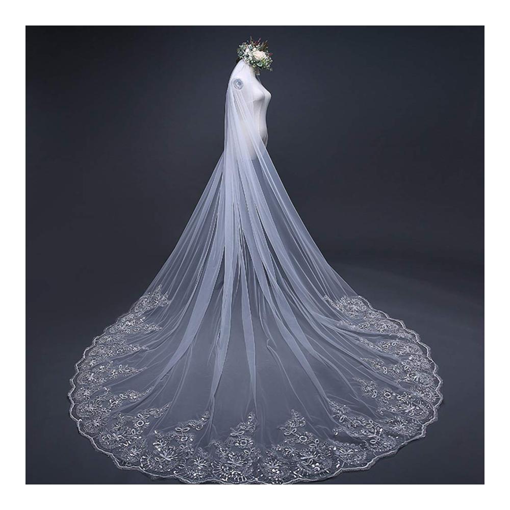 Hochzeitsschleier 4M mit Kathedrale Gestickter Blumenspitze und Kamm