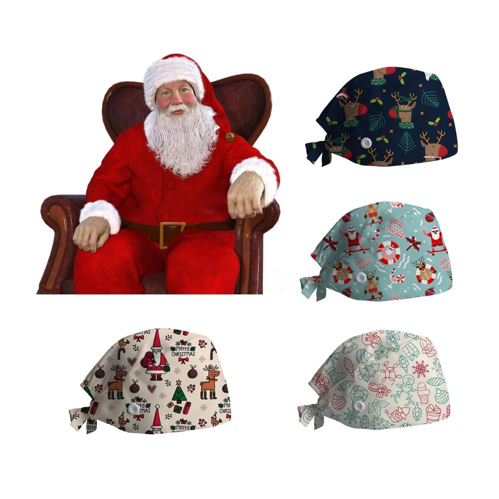 4PCS Weihnachten bedruckter OP-Haube für Damen - Hoch atmungsaktiv verstellbar ideal für Zahnärzte Ärzte Pflegekräfte und Schönheitsbranche