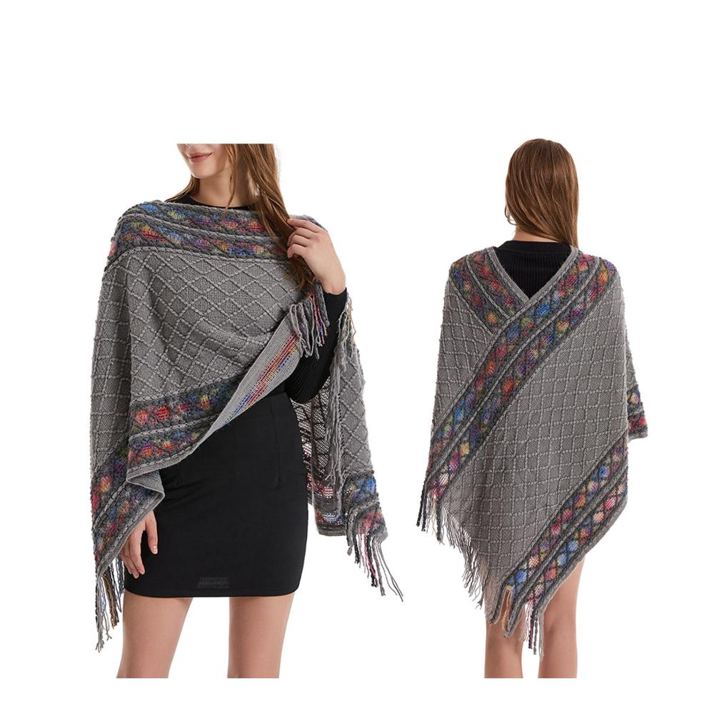 Damen Strickponcho im Ethnostil mit Quasten - Herbst-Winter Cape & Retro Pullover