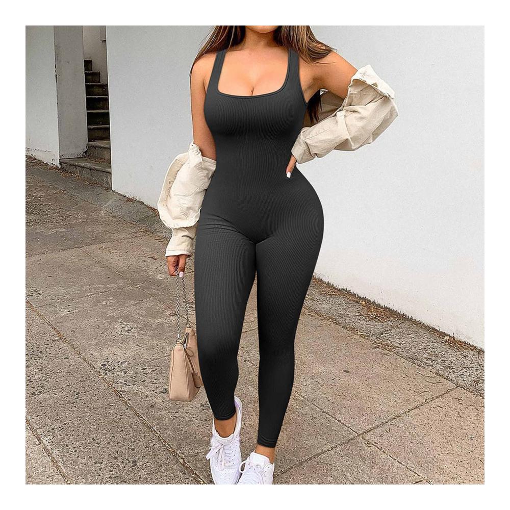 Damen Jumpsuit Sportlicher Yoga Bodysuit mit Stretch-Training Sexy Bodycon Design Langarm und Ausschnitt – Ideal für Workout und Sportanzug