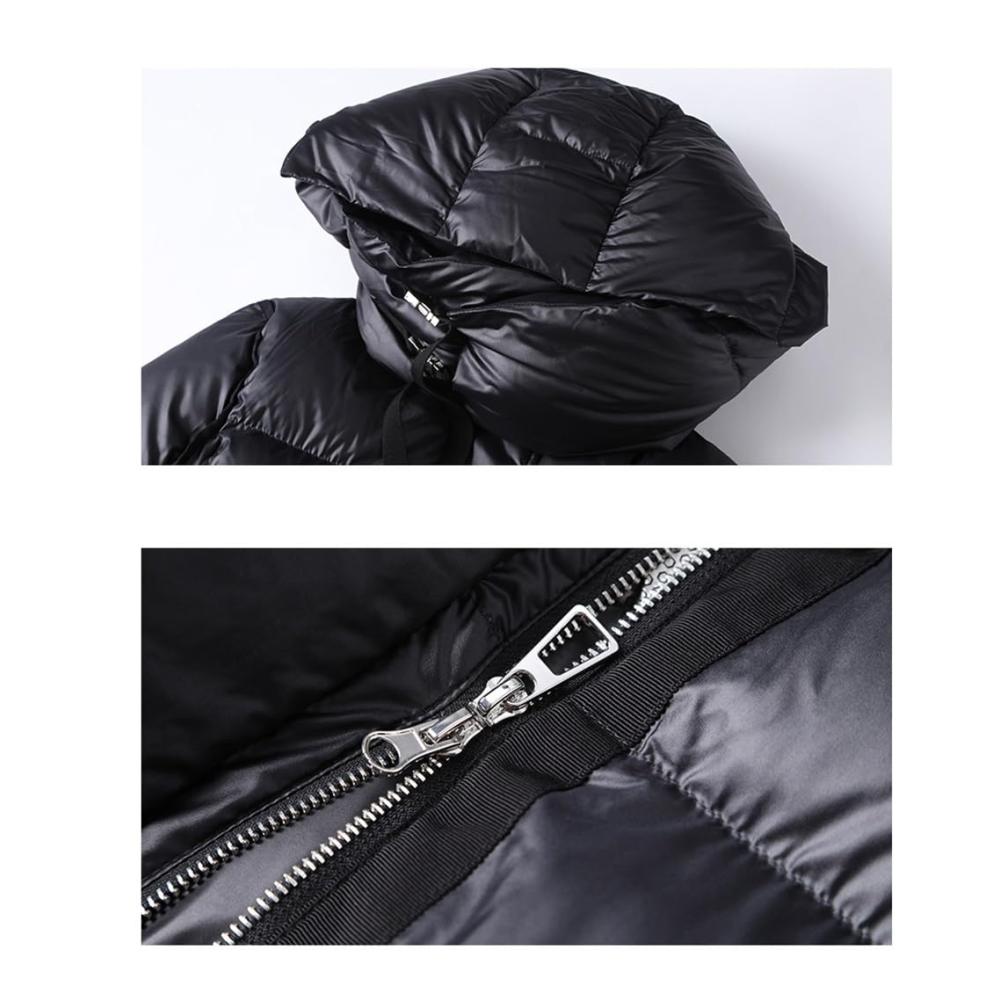 Winter Daunenjacke Knielange schwarze Koreanische Damenjacke | 90% weiße Entendaunen Kapuze lose Passform (D Größe L