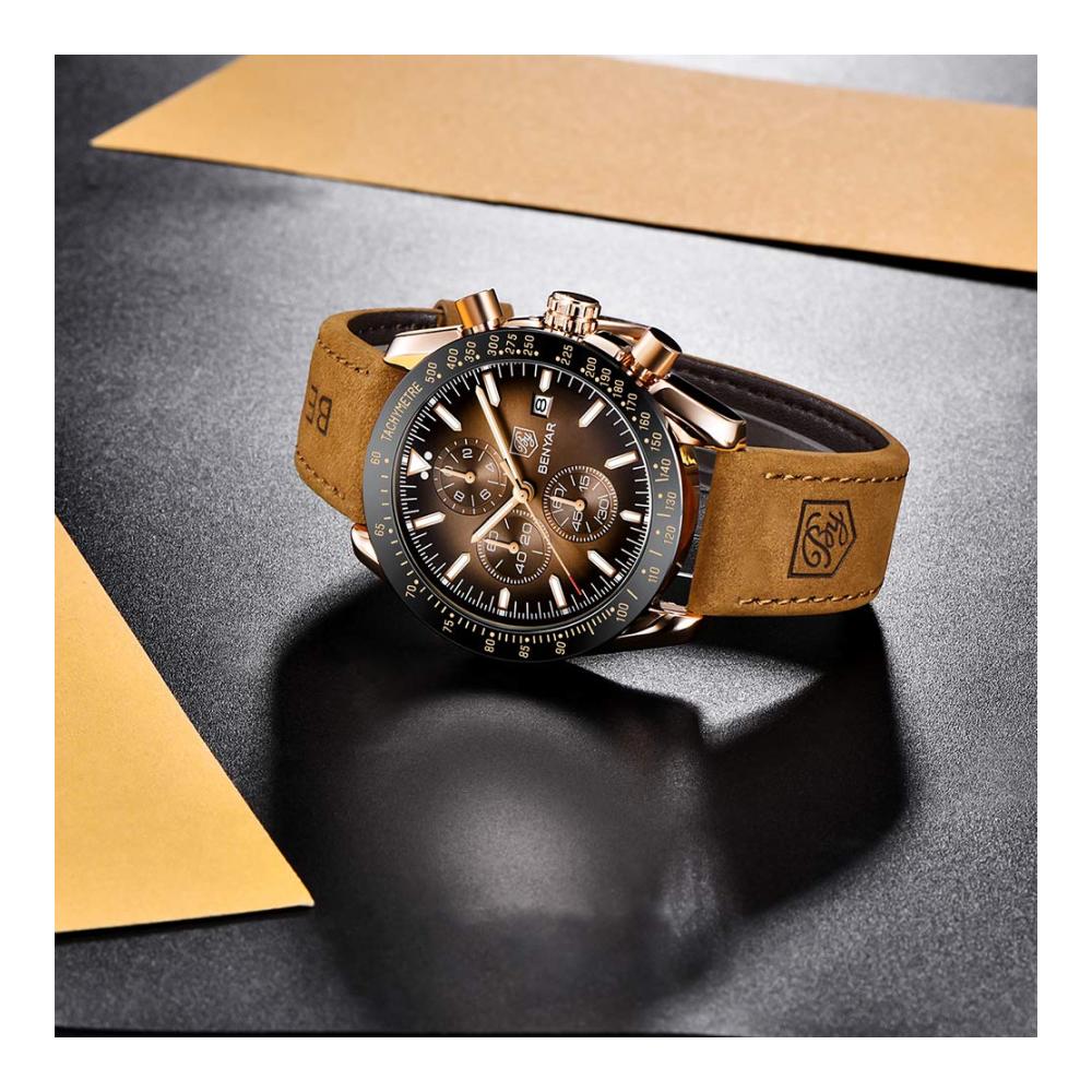 BENYAR Herren Armbanduhr - Chronograph Quartz Wasserdicht Business Design Schwarz/Blau Zifferblatt Braunes Lederarmband