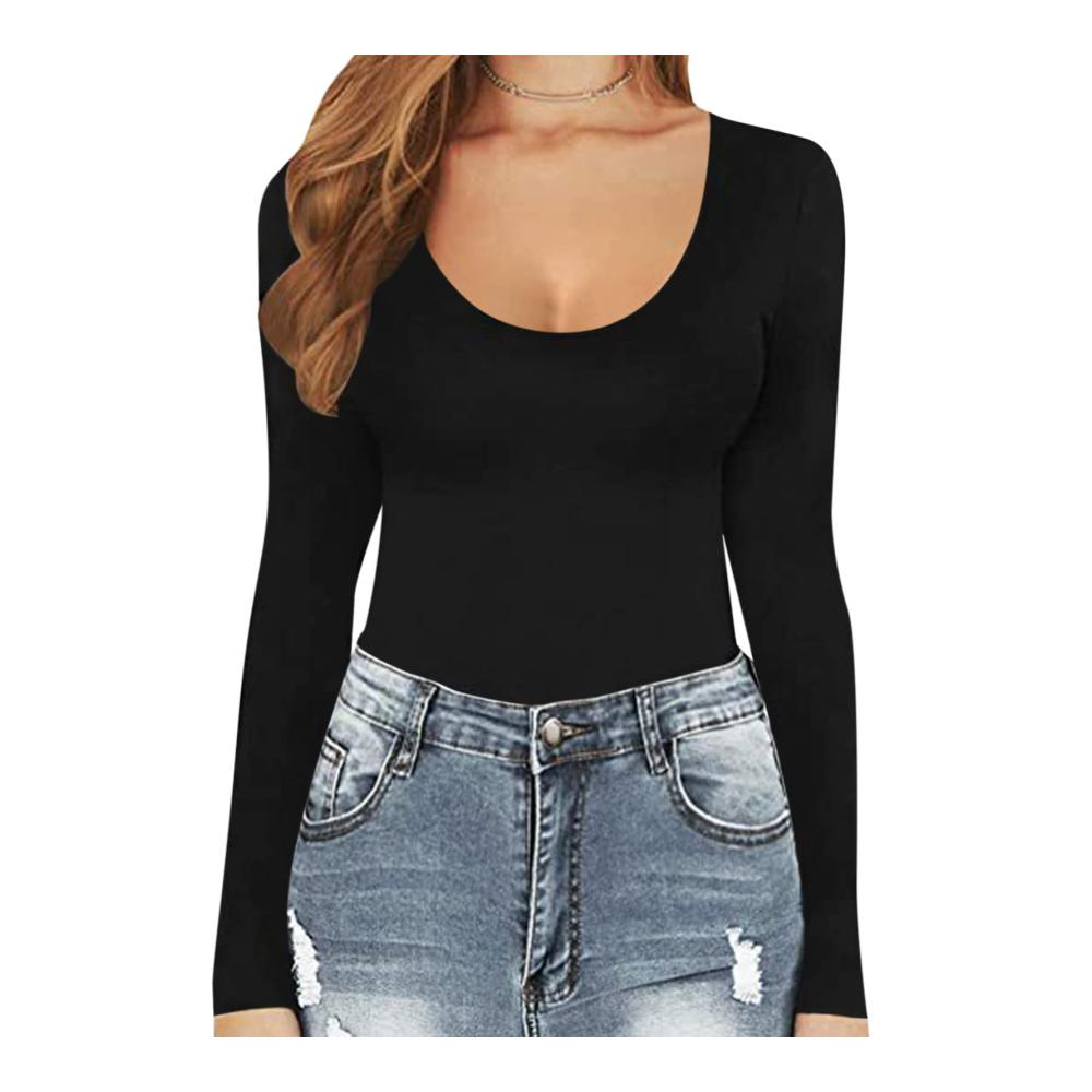 Damen Langarmbody in Schwarz - Rundhals Bodysuit mit sexy Schnitt ideal als Unterziehbody und Tops schmal geschnitten mit Bustier-Effekt (Größe S