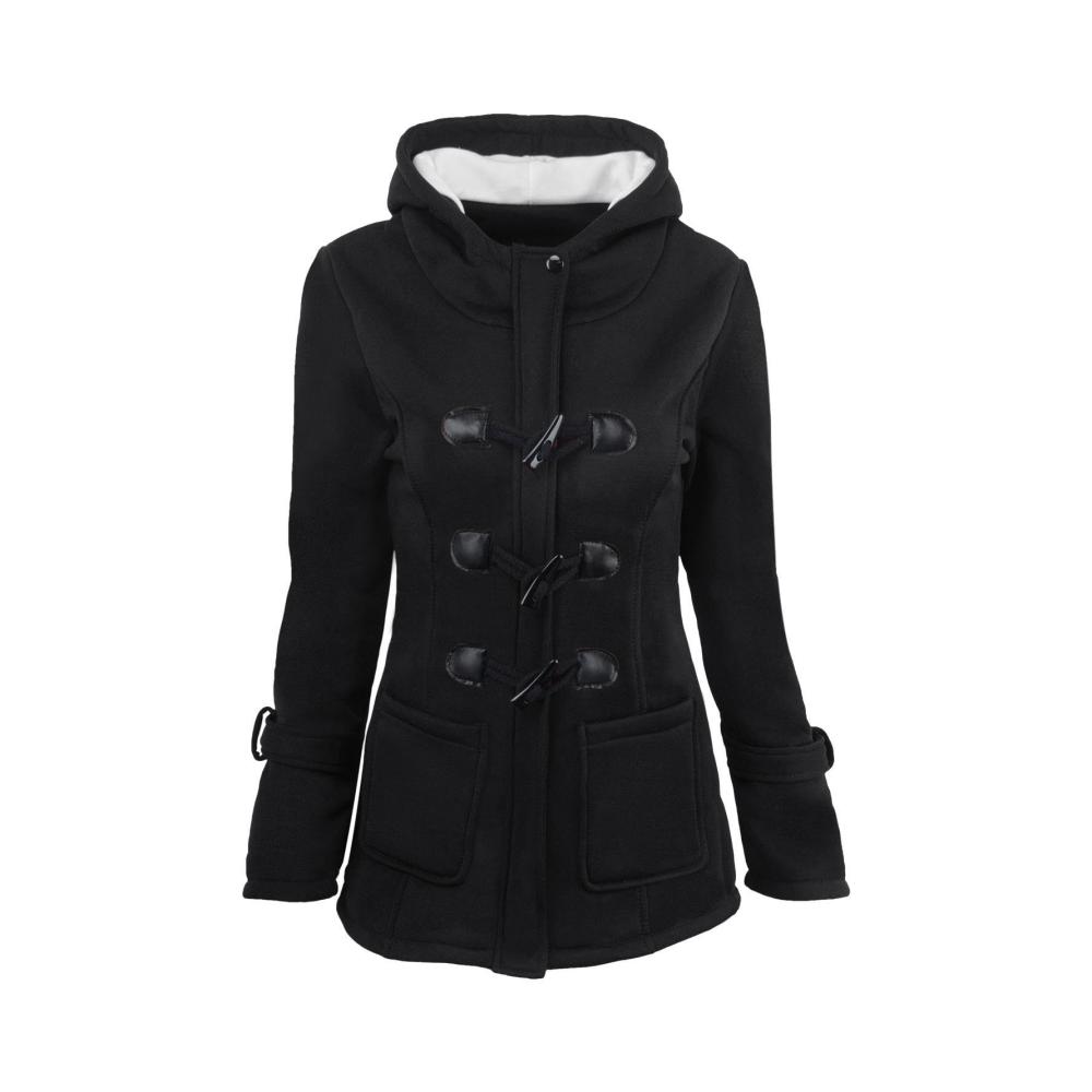 Damenmantel mit Kapuze und Hornknöpfen - Stilvolle Anzugjacke für den Herbst und kaltes Wetter