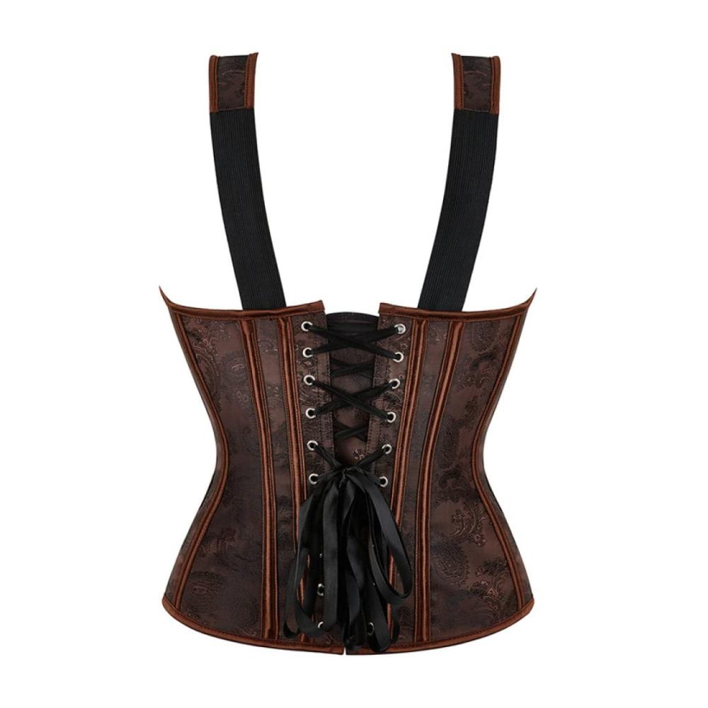 Korsagen & Bustiers Braunes Vintage Paisley Jacquard Korsett - Damen Überbrust Baskisch mit Riemen für Nachtclub Party Taille trainieren Bauchkontrolle Push-Up Shapewear