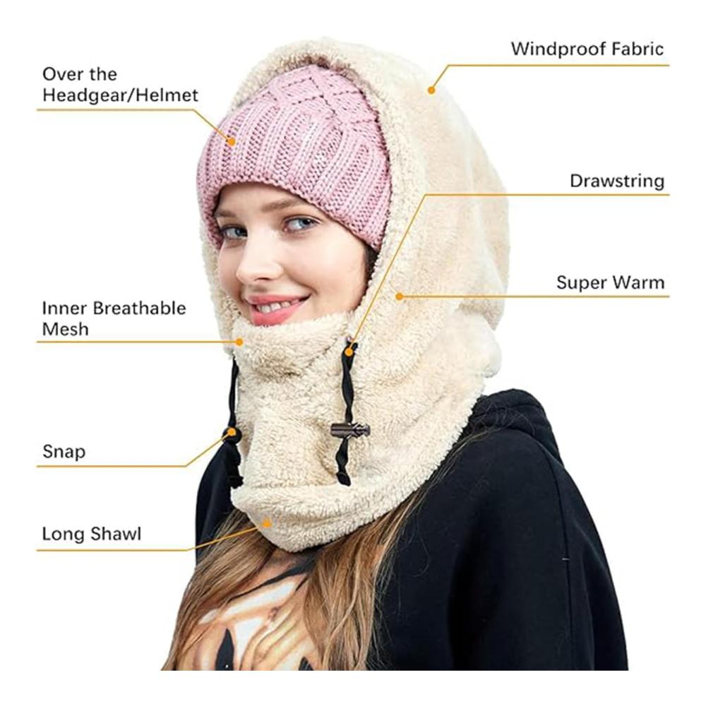 Sherpa Hood Winter Face Mask - Wind-Resistant Ski Mask for Cold Weather Adjustable and Warm Hat Cover Cap Scarf
